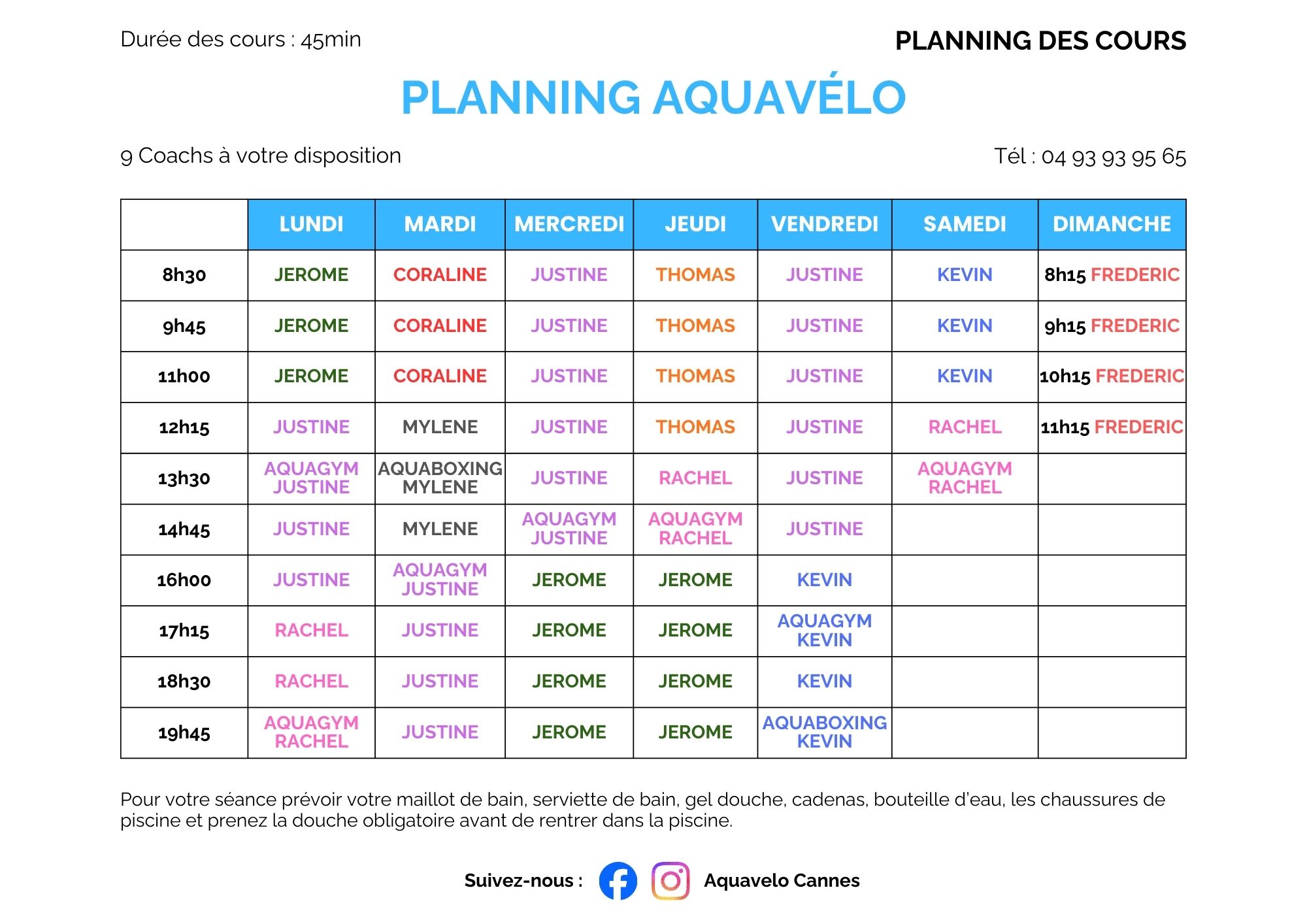 Planning hebdomadaire cours aquabiking aquagym Cannes janvier 2025