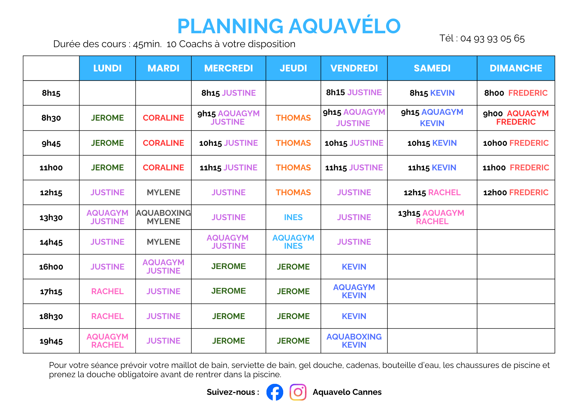 Planning hebdomadaire cours aquabiking aquagym Cannes
