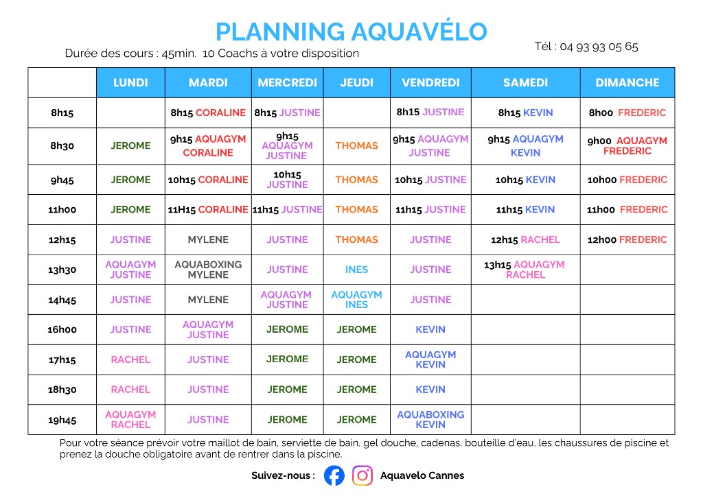 Planning hebdomadaire cours aquabiking aquagym Cannes